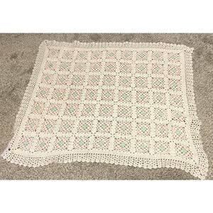 Handmade Baby Crib Blanket White Pink Green Crochet Floral Granny Square Girls